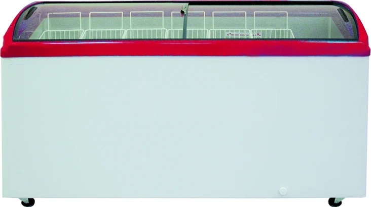 Ларь морозильный с гнутым стеклом CRYSPI ЛВН 600 Г (CF 600CQ) красный без корзин